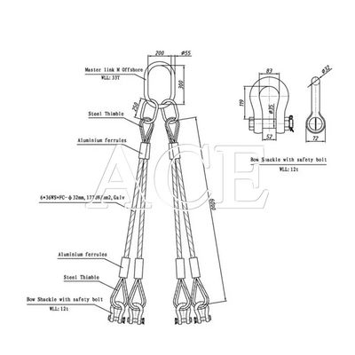 DNV 2.7-1 Standardstahldrahtseil-Sling 5 Beine Hebende Auge Typ Umgekehrter Auge für Offshore-Containerverkauf